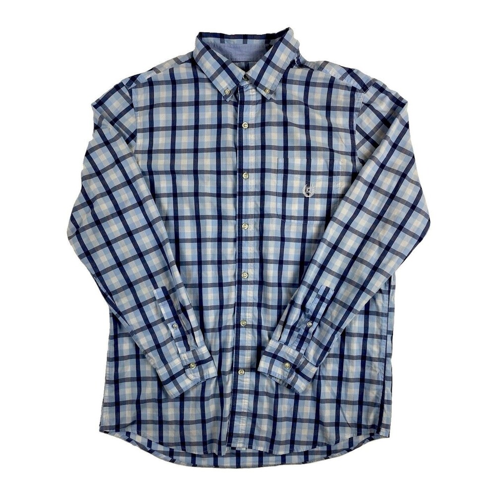 Chaps Men's L Light Blue, Blue, White Plaid Long Sleeve Button-Down Shirt